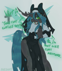 anthro anthrofied big_breasts big_butt black_body bottomwear breasts butt clothing confusion dialogue fangs female green_eyes green_hair hair horn hypnosis insect_wings looking_at_viewer mind_control nun_outfit ponytail praying_hands solo speech_bubble teeth text thick_thighs torn_bottomwear torn_clothing wide_hips wings shieshuqqq friendship_is_magic hasbro my_little_pony mythology queen_chrysalis_(mlp) changeling_(mlp) equid equine horse mammal mythological_creature mythological_equine pony winged_unicorn english_text hi_res