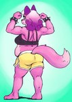 anthro belly bottomwear bra bracelet breasts butt clothed clothing female flexing fur jewelry muscular pink_body pink_fur shorts solo spiked_bracelet spikes underwear moxiloxi super_lesbian_animal_rpg melody_amaranth canid canine fox mammal 2023 hi_res trans_(lore) trans_woman_(lore)