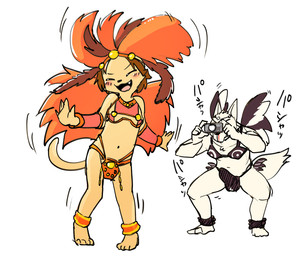 age_difference anime_nosebleed anthro black_nose blood blush bodily_fluids bulge camera clothed clothing costume crossdressing crossdressing_male cute_fangs dancing detailed_bulge duo erection erection_under_clothing eyes_closed fangs genital_outline happy kemono male male/male motion_lines nosebleed penis_outline shota simple_background skimpy smile teeth text white_background young young_anthro young_male manmosu_marimo shota_feline_(marimo) white_canine_(marimo) canid canine canis domestic_cat domestic_dog felid feline felis mammal 2016 digital_media_(artwork) flat_colors japanese_text