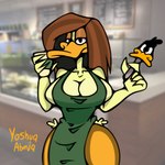 anthro apron apron_only beak clothing duo female looking_at_viewer male photo_background yoshua_russo looney_tunes the_looney_tunes_show warner_brothers daffy_duck tina_russo anatid anseriform avian bird duck artist_name hi_res photography_(artwork)