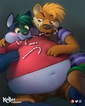 anthro blush candy dessert duo eyebrows food male male/male narrowed_eyes obese overweight overweight_anthro overweight_male raised_eyebrow simple_background smile smirk smirking_at_another smirking_at_partner unbuttoned unbuttoned_pants unbuttoned_shorts young young_anthro young_male kellerkangaroo kazan_(kazan.k) canid canine canis mammal mustelid otter wolf 4:5 shaded