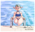 anthro big_breasts border breasts clothing female muscular muscular_female poolside solo swimming_pool swimwear thick_thighs wet white_border hollydaysheep holly_day_(randomnutz) bovid caprine mammal sheep hi_res