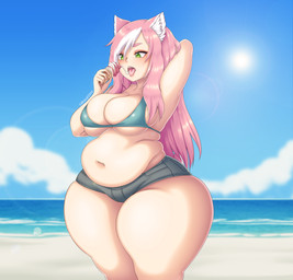 beach belly big_breasts big_butt breasts butt cleavage clothed clothing dessert eating female food green_eyes hair huge_butt huge_thighs hyper hyper_thighs ice_cream navel open_mouth overweight overweight_female overweight_humanoid pink_hair sea seaside side_boob solo sun thick_thighs tongue tongue_out under_boob water wide_hips cakecatboy pichi_(cakecatboy) animal_humanoid cat_humanoid felid felid_humanoid feline feline_humanoid humanoid mammal mammal_humanoid absurd_res hi_res