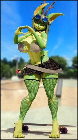 anthro antlers bare_shoulders big_breasts bikini black_clothing black_nails black_thong black_underwear blue_sky blurred_background bottomwear bra breasts chest_tuft choker cleavage clothed clothing colored_nails day digitigrade eyes_closed eyewear eyewear_on_head female fishnet_clothing fishnet_legwear fishnet_thigh_highs fur gesture green_body green_fur hair happy heart_gesture horn huge_hips jewelry legwear long_hair microskirt miniskirt nails necklace outside pattern_bottomwear pattern_clothing pattern_skirt plaid plaid_bottomwear plaid_clothing plaid_skirt scut_tail short_hair short_tail sidelocks skateboard skirt sky small_waist smile solo strapless_bra strapless_clothing strapless_underwear sunglasses sunglasses_on_head swimwear tail tamagotchi_(toy) thick_thighs thigh_highs thong tuft two-piece_swimsuit under_boob underwear vehicle wide_hips thenicedragon valorlynz_(modeler) natsu_(natsu_o3o) deer mammal 3d_(artwork) 9:16 digital_media_(artwork) hi_res watermark