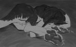 claws eyes_closed feet lying on_ground on_side pawpads prehensile_feet sleeping solo tail toes atlchirico sergal 2022 hi_res monochrome