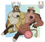 anthro antlers balls belly big_pecs bodily_fluids cum cum_inflation cum_inside duo genital_fluids genitals hand_on_belly horn impregnation inflation lying male male/male male_impregnating_male male_impregnation muscular muscular_male nipples on_back overweight overweight_male pecs 1ceberg tom_(1ceberg) bovid bovine cattle deer mammal new_world_deer reindeer absurd_res hi_res