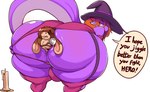 anal anal_vore anthro anthro_pred anthro_prey anus bent_over big_butt bulge butt clothing duo hat headgear headwear huge_butt imminent_digestion legwear looking_back male male/male partially_inside purple_body purple_scales rear_view scales simple_background speech_bubble tail text thigh_highs thong underwear vore wide_hips witch_hat kalnareff mythology kalnareff_(character) dragon mimic mythological_creature mythological_scalie scalie unknown_species digital_media_(artwork) english_text hi_res