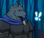 amber_eyes ambiguous_gender anthro armor black_clothing cape clothing dark_armor duo forest forest_background fur grey_body grey_fur insect_wings male muscular muscular_male nature nature_background plant tree wings dynogreeno wulfgard canid canine canis fairy mammal wolf hi_res