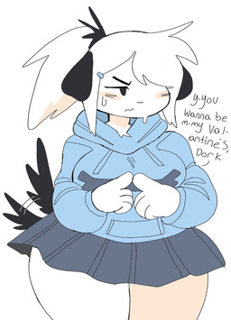 accessory anthro asking asking_viewer big_breasts biped black_ears black_eyebrows blue_clothing blue_hoodie blue_topwear bodily_fluids bone bottomwear breasts clothed clothing dialogue eyebrows female floppy_ears fur furgonomics grey_bottomwear grey_clothing grey_skirt grumpy hair hair_accessory hair_over_eye half-closed_eyes hoodie index_to_index insult looking_aside narrowed_eyes nervous one_eye_obstructed ponytail question shy simple_background skirt slightly_chubby slightly_chubby_female solo standing sweat sweaty_face tail tail_motion tail_through_skirt tailwag talking_to_viewer text thick_thighs topwear tsundere white_background white_body white_fur white_hair yes-no_question puppkittyfan1 pepper_(fawnpawss) canid canine canis domestic_dog mammal 2022 digital_media_(artwork) english_text hi_res portrait shaded simple_shading three-quarter_portrait