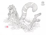 4_toes anthro breasts butt feet female fur hair looking_back nude pawpads plantigrade side_boob smile soles solo tail toes kacey genet mammal viverrid 2021 greyscale monochrome