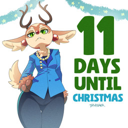 anthro antlers bottomwear brown_body brown_fur clothing cosplay ear_piercing eyebrows eyelashes female fur green_eyes hand_on_hip horn inner_ear_fluff jewelry necklace pants piercing solo tan_body tan_fur text thigh_gap tuft drawligator deltarune undertale_(series) carol_holiday renata_(drawligator) deer mammal new_world_deer reindeer 1:1 2025 english_text hi_res