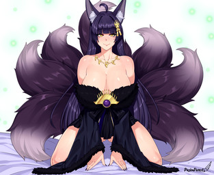 7_tails ahoge bangs big_breasts blunt_bangs breasts cleavage clothed clothing colored_nails female hair jewelry long_hair looking_at_viewer multi_tail nails necklace purple_hair solo tail yellow_eyes pashapencil azur_lane musashi_(azur_lane) animal_humanoid canid canid_humanoid canine canine_humanoid fox_humanoid humanoid mammal mammal_humanoid 2026