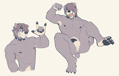 abs anthro anus balls collar collar_only devil_horns_(gesture) flexing genitals gesture hair hair_over_eye hand_gesture male muscular muscular_male nude nude_male open_mouth open_smile pecs penis smile solo solo_focus spiked_collar spikes jrjresq marsh_(jrjresq) bear black_bear mammal ursine hi_res