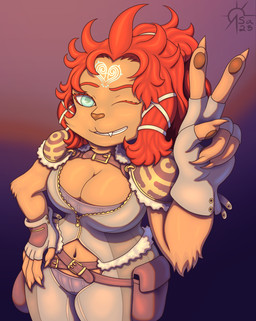 anthro armor belt belt_buckle blue_eyes breasts buckle claws clothing female fingerless_gloves gesture gloves hair hand_gesture hand_on_hip handwear jumpsuit markings navel neck_tuft one_eye_closed red_hair shoulder_pads smile solo tuft v_sign wink zipper sacrificabominat cyberconnect2 fuga:_melodies_of_steel little_tail_bronx wappa_charlotte canid canine canis domestic_dog mammal hi_res