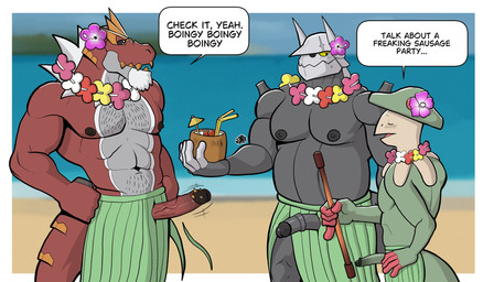 abs anthro beach belly beverage biceps big_muscles biped blush blush_lines bottomwear clothed clothing coconut coconut_drink dancing dialogue drupe_(fruit) embarrassed erect_nipples erection erection_through_clothing erection_under_skirt exhibitionism eyebrows eyes_closed flower_on_head food fruit garland grass_skirt green_body green_scales grey_body grey_scales group hand_on_hip hawaiian hula hula_dancer hula_dancing lei luau male male/male mature_male musclegut muscular muscular_male navel nervous nipples open_mouth plant pupils red_body red_scales sand scales sea sexual_tension shoreline skirt snout speech_bubble spikes spikes_(anatomy) strength tail teeth text tongue topless topless_anthro topless_male triceps trio twunk ventral_scales wardrobe_malfunction water white_sclera yellow_sclera hunter-husky nintendo pokemon anton_o'moore curtis_sara_taylor trenton_liddle aggron breloom fossil_pokemon generation_3_pokemon generation_6_pokemon pokemon_(species) tyrantrum english_text hi_res