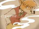 anthro bow_(feature) bow_tie canid canine canis clothed clothing domestic_dog english_text fully_clothed fur hair hand_in_pocket kototani_kaiki looking_aside looking_at_viewer male mammal orange_body orange_fur orange_hair pockets sherlock_hound sherlock_hound_(series) shirt short_hair smoke smoking smoking_pipe solo text tobacco_pipe topwear vest
