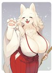 4_fingers anthro asian_clothing big_breasts biped blush bottomwear breasts chest_tuft claws cleavage clothed clothing cute_fangs east_asian_clothing eyes_closed fangs female female_anthro finger_claws fingers fluffy fur gesture hair hakama haori holding_object huge_breasts japanese_clothing kemono long_hair mature_anthro mature_female miko_outfit neck_tuft open_mouth open_smile pawpads paws red_bottomwear red_clothing red_hakama shrine_maiden simple_background smile smiling_at_viewer snout solo standing teeth tongue topwear tuft waving waving_at_viewer white_body white_clothing white_fur white_hair white_haori kishibe samoyed-chan_(kishibe) canid canine canis domestic_dog mammal nordic_sled_dog samoyed spitz 2021 hi_res portrait three-quarter_portrait