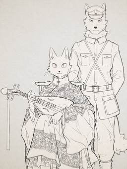 anthro asian_clothing bottomwear chair cheek_tuft chinese_clothing claws clothed clothing duo east_asian_clothing facial_tuft fur furniture hat headgear headwear holding_object inner_ear_fluff looking_at_viewer male military_uniform musical_instrument on_chair pants pupils shirt sitting sitting_on_chair slit_pupils string_instrument topwear tuft uniform whiskers luxury_gin canid canine canis domestic_cat felid feline felis mammal wolf 2020 monochrome