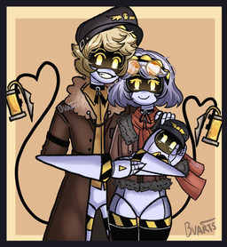 4_fingers beanie clothed clothing family female fingers group hair hat hazard_stripes headgear headwear machine male mechanical_arm mechanical_leg not_furry purple_eyes purple_hair screen_eyes short_hair smile tail topwear trio white_body yellow_eyes bloomvictoryart glitch_productions murder_drones n_(murder_drones) v_(murder_drones) android disassembly_drone humanoid robot robot_humanoid tailed_humanoid hi_res