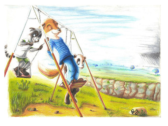 anthro blue_bottomwear blue_clothing blue_pants blue_shirt blue_topwear bottomwear closed_smile clothing day eyes_closed fur grass grey_body grey_fur group happy head_tuft logo looking_up male male_anthro mouth_closed orange_body orange_fur outside pants plant playful rock shirt sitting sky smile standing swing t-shirt topwear tree trio tuft white_body white_clothing white_fur white_shirt white_t-shirt white_topwear pandapaco art_(pandapaco) biro_(pandapaco) parinton bear canid canine fox giant_panda mammal procyonid raccoon artist_logo signature traditional_media_(artwork)