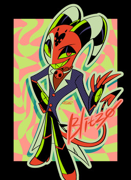 anthro clothed clothing horn male sharp_teeth solo spade_tail tail teeth text enaic31 hellaverse helluva_boss blitzo_(helluva_boss) demon imp absurd_res character_name hi_res