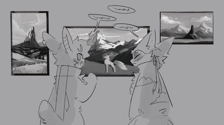 ambiguous_gender cheek_tuft chest_tuft cloak clothing dialogue duo ear_piercing facial_tuft mask mostly_nude mountain painting_(object) piercing scarf scarf_only simple_background tuft sabiksphinx asian_mythology chinese_mythology east_asian_mythology fabulous_beasts fenz_(studio) mythology sibuxiang_the_deer_(fabulous_beasts) tuye_(fabulous_beasts) deer lagomorph mammal moon_rabbit absurd_res hi_res monochrome sketch