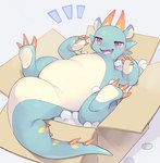 acting_like_a_cat ambiguous_gender anthro belly blue_body box claws container daww fangs featureless_crotch horn in_box in_container kemono lying on_back open_mouth overweight packing_peanuts purple_eyes simple_background slightly_chubby solo spiked_tail spikes spikes_(anatomy) spread_legs spreading sunken_seat tail tailbutt tan_body tapering_tail teeth thick_tail white_background wide_crotch young erumeruta mythology dragon mythological_creature mythological_scalie reptile scalie