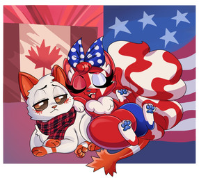 accessory ambiguous_gender american_flag blue_nose blue_pawpads border bow_ribbon brown_sclera canadian_flag clothing crossed_arms duo eyelashes eyes_closed fangs female feral freckled_face freckles fur hair hair_accessory hair_bow hair_ribbon inner_ear_fluff looking_aside lying makeup maple_leaf markings mascara multicolored_body multicolored_fur on_another on_front orange_eyes pattern_clothing pattern_scarf pawpads plaid plaid_clothing plaid_scarf polka_dots red_body red_fur red_hair ribbons scarf star_(marking) striped_markings striped_tail stripes tail tail_markings teeth tuft united_states_of_america white_body white_border white_fur unknown_artist summurr_murrica domestic_cat felid feline felis mammal hi_res