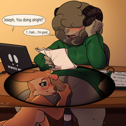 anthro being_watched blush duo eyewear female genitals glasses hair hair_over_eyes handjob looking_at_another male male/female penile penis sex stealth_sex under_table mr.smile joseph_(mr.smile) bovid canid canine caprine fennec_fox fox mammal true_fox 1:1 hi_res