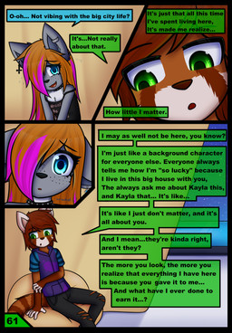 adolescent alternative_fashion anthro black_border border dialogue duo emo female goth male piercing punk text young dream_mirage axel_biersack kayla_kitsune ailurid canid canine canis fox hybrid mammal red_panda wolf comic english_text hi_res