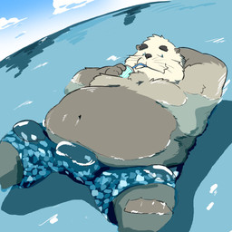 anthro belly beverage blue_eyes brown_body brown_fur bulge clothing cloud container cup drinking floating fur hand_behind_head holding_beverage holding_container holding_cup holding_object looking_at_viewer male moobs multicolored_body navel overweight overweight_male partially_submerged sea sky solo swimming swimming_trunks swimwear two_tone_body water white_body white_fur chihaku_daga mammal mustelid otter 1:1 2024 hi_res portrait three-quarter_portrait