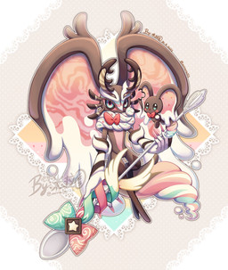 alternate_color alternate_form ambiguous_gender antares_(kirby_and_the_forgotten_land) anthro antlers big_ears biped black_sclera blush blush_stickers bow_tie bow_tie_only brown_body candy chest_tuft chocolate colored_nails comically_large_spoon countershading cutlery dessert digitigrade dipstick_tail duo featureless_crotch feral fingerless_(marking) fingerless_gloves_(marking) fingernails food gloves_(marking) grey_background head_wings holding_spoon horn huge_wings kitchen_utensils looking_at_viewer markings mostly_nude mostly_nude_anthro mouthless multicolored_eyes nails neck_tuft notched_ear outline pink_body pink_eyes pink_fingernails pink_nails simple_background size_difference solo spoon tail tail_markings teal_body teal_eyes three-quarter_view tools tuft unusual_wing_placement white_body white_outline wings mirara122 kirby_(series) nintendo elfilin fecto_elfilis alien chinchilla chinchillid food_creature mammal rodent starling_(kirby) 2022 absurd_res dated digital_drawing_(artwork) digital_media_(artwork) english_description hi_res japanese_description signature watermark male_(lore)