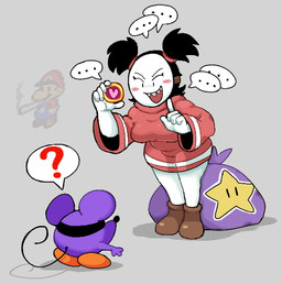 3_fingers 5_fingers >:d ambiguous_gender anthro badge black_eyes black_hair black_nose black_tail blush blush_stickers body_outline breasts brown_clothing brown_footwear brown_shoes clothed clothed_anthro clothed_female clothing duo ellipsis eyelashes female fingers footwear fur grey_background hair holding_badge holding_object hooded_robe larger_female larger_humanoid leaning leaning_forward looking_at_another looking_down looking_down_at_another medium_breasts open_mouth open_smile pigtails pink_blush purple_body purple_ears purple_fur question_mark red_clothing red_robe robe round_ears round_nose sack shadow sharp_teeth shoes simple_background size_difference smaller_ambiguous smile speech_bubble tail teeth white_body white_skin white_speech_bubble genocityzone mario_bros mario_smoking_weed nintendo paper_mario paper_mario_(2000) mario sadie_(genocity) bandit_(mario) humanoid little_mouser mammal mouse murid murine rodent waddling_head shaded