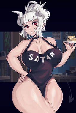 apron apron_only big_breasts black_apron black_clothing black_tail breasts choker cleavage clothed clothing eyelashes female food front_view hair hand_on_hip holding_food holding_object holding_plate horn jewelry looking_at_viewer markings mole_(marking) mole_under_eye necklace pancake plate red_eyes solo spade_tail standing tail thick_thighs white_hair white_horn wide_hips cherr_yred helltaker lucifer_(helltaker) demon demon_humanoid horned_humanoid humanoid tailed_humanoid 2022 absurd_res digital_media_(artwork) hi_res portrait three-quarter_portrait
