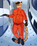 anthro belly big_belly big_tail black_hair boots clothing footwear hair male open_mouth orange_clothing pregnant pregnant_anthro pregnant_male shoes solo space station tail uniform warhamon cheetah domestic_cat felid feline felis mammal absurd_res hi_res