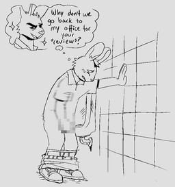 anthro bathroom bottomwear bottomwear_down clothed clothing fantasizing male masturbation pants pants_down partially_clothed solo text underwear underwear_down urinal wakaimaa aaron_(wakaimaa) ladarius_(wakaimaa) lagomorph leporid mammal censored english_text monochrome mosaic_censorship