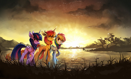 blue_body blue_feathers cutie_mark detailed_background feathered_wings feathers female feral fur grass group hair horn multicolored_hair outside plant purple_body purple_eyes purple_feathers purple_fur purple_hair rainbow_hair sky smile standing sun wings ramiras friendship_is_magic hasbro my_little_pony mythology fan_character rainbow_dash_(mlp) twilight_sparkle_(mlp) equid equine mammal mythological_creature mythological_equine pegasus unicorn winged_unicorn 2017 digital_media_(artwork)