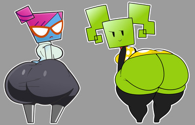 bedroom_eyes big_butt black_clothing black_eyes black_legwear black_thigh_highs blue_body blue_skin bottomwear bow_tie breast_size_difference breasts butt butt_pose clothed clothed_female clothed_humanoid clothing dress duo eyewear featureless_legs female female_humanoid glasses green_body green_butt green_hair green_skin grey_bottomwear grey_clothing grey_pants hair huge_butt legwear looking_at_viewer looking_back looking_back_at_viewer medium_breasts narrowed_eyes not_furry outline pants pattern_clothing pattern_dress pigtails pose purple_hair red_bow red_bow_tie red_eyewear red_glasses seductive smile spots spotted_clothing spotted_dress square_head thick_thighs thigh_highs white_clothing white_outline wide_hipped_female wide_hipped_humanoid wide_hips yellow_clothing yellow_dress jutsapostion mario_bros nintendo paper_mario mimi_(paper_mario) nastasia humanoid 2026 digital_media_(artwork) hi_res