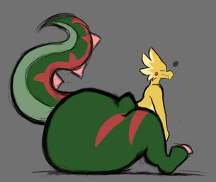 anthro big_butt butt eyes_closed green_tail grey_background huge_butt hyper hyper_butt raised_tail side_view simple_background sitting solo tail thick_tail thick_thighs tired dragonfeatherss nintendo pokemon dracozolt fossil_pokemon generation_8_pokemon pokemon_(species) 2026 digital_drawing_(artwork) digital_media_(artwork) hi_res