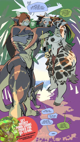 advertisement anthro big_breasts big_butt breasts butt cavewoman dialogue duo female genitals green_hair_tips low-angle_view medium_breasts muscular muscular_anthro muscular_female non-mammal_breasts penis size_difference speech_bubble text worm's-eye_view kenno_arkkan my_life_with_fel malina_miller_(huldinha) sharon_(my_life_with_fel) aquatic fish hyena mackerel_shark mammal megalodon prehistoric_species shark spotted_hyena 2026 9:16 adversarial_noise digital_media_(artwork) english_text hi_res