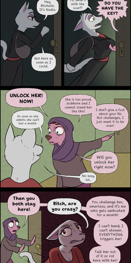 anthro argument clothed clothed_anthro clothed_female clothing dialogue female headscarf profanity text soovka no_nut_november no_nut_sabotage michelle_(soovka) nadia_(soovka) deer domestic_cat felid feline felis mammal absurd_res comic english_text hi_res meme