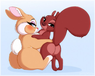 big_butt blue_eyes blush butt duo eyelashes female feral fluffy fluffy_tail fur looking_at_viewer looking_back looking_back_at_viewer pink_nose presenting presenting_hindquarters red_body red_fur red_nose scut_tail seductive semi-anthro short_tail simple_background sitting tail tan_body tan_fur tuft white_body white_fur white_tail white_tuft prettypinkpony bambi_(film) disney the_sword_in_the_stone hazel_(the_sword_in_the_stone) miss_bunny cottontail_rabbit eastern_grey_squirrel grey_squirrel lagomorph leporid mammal rabbit rodent sciurid tree_squirrel