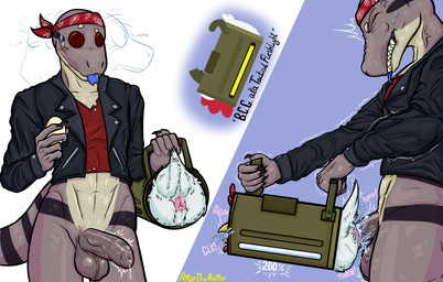 accessory anthro anthro_on_feral anus athletic balls beak belly bestiality bodily_fluids clenched_teeth clothing crop_top cum cum_in_ass cum_in_mouth cum_inside cum_overflow drooling duo feral genital_fluids genitals grey_body gun half-erect headband jacket leather leather_clothing leather_jacket leather_topwear living_condom living_sex_toy male multiple_angles nervous open_beak open_mouth penetrable_sex_toy penis precum ranged_weapon red_eyes saggy_balls saliva sex_box sex_toy shirt surprised sweat teeth throbbing tongue tongue_out topwear triangle_anus weapon white_belly y_anus aptertheraptor pixile_studios super_animal_royale avian bird blue-tongued_skink chicken galliform lizard phasianid reptile scalie skink super_blue_tongued_skink_(sar) super_lizard_(sar) hi_res