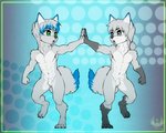 4_toes abs anthro black_claws blue_body blue_ears blue_eyes blue_fur blue_highlights blue_tail chibi claws countershading duo feet fur gesture gloves_(marking) green_eyes grey_body grey_ears grey_eyes grey_fur grey_hair grey_tail hair heterochromia high_five highlights_(coloring) leg_markings male markings muscular muscular_male navel nude open_mouth pecs pink_tongue socks_(marking) tail teeth toe_claws toes tongue two_tone_tail eldiman alex_(alexanderthewolf) maverick_skye canid canine canis mammal wolf 2021 digital_media_(artwork) hi_res