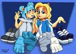 4_fingers 4_toes absurd_res activision anthro bandicoot blonde_hair blue_eyes blue_hair clothed clothing crash_bandicoot_(series) duo feet female fingers foot_focus footwear fromitalywithfurore fur hair hi_res isabella_bandicoot mammal marsupial megumi_bandicoot mole_under_eye orange_body orange_eyes orange_fur shoes shoes_removed smile socks toes