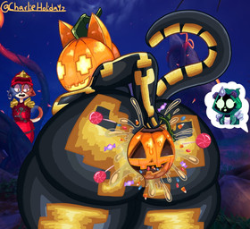 anthro anus candy clothing cosplay costume dessert female food for_a_head fruit holidays looking_at_another looking_at_viewer looking_back lube_drip lube_on_butt object_in_ass orange_head plant prese presenting presenting_anus pumpkin pumpkin_basket pumpkin_head solo surprised thick_thighs charlieholidayz epic_games fortnite halloween kai_(ninjago) meow_skulls raven_team_leader spice_(fortnite) object_head hi_res