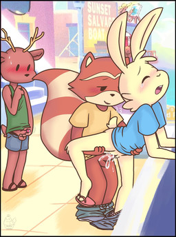 anthro antlers balls blush bodily_fluids bottomwear brown_body clothed clothed_masturbation clothing cum cum_inside duo erection eyes_closed female female_penetrated fur genital_fluids genitals group hair horn male male/female male_penetrating male_penetrating_female masturbation one_leg_up open_mouth partially_clothed penetration penile penile_masturbation penile_penetration penis raised_leg sex shirt smile spread_legs spreading standing standing_sex tail tank_top tongue topwear trio vaginal voyeur white_body conditional_dnp muffinlewds chillhop chillhop_raccoon jazz_(chillhop) deer lagomorph leporid mammal procyonid rabbit raccoon absurd_res digital_drawing_(artwork) digital_media_(artwork) hi_res