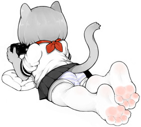 4_toes 5_fingers ambiguous_gender anthro asian_clothing biped black_bottomwear black_clothing black_skirt bottomwear butt clothed clothed_anthro clothing controller east_asian_clothing exposed_underwear feet feet_together fingers fur gaming grey_body grey_fur japanese_clothing japanese_school_uniform legwear lying on_front pattern_clothing pattern_underwear pawpads paws pink_pawpads plantigrade plantigrade_pawpads playing_video_game pleated_skirt raised_bottomwear raised_clothing raised_skirt raised_tail rear_view red_scarf rolled_up_sleeves scarf school_uniform shirt simple_background skirt solo stockings striped_clothing striped_underwear stripes tail thigh_highs toes topwear translucent translucent_clothing translucent_legwear translucent_stockings translucent_thigh_highs underwear uniform upskirt white_background white_clothing white_legwear white_shirt white_stockings white_thigh_highs white_topwear young young_ambiguous young_anthro mentha domestic_cat felid feline felis mammal absurd_res hi_res