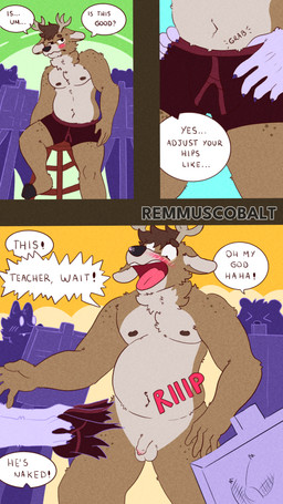anthro antlers art_class balls belly blush clothing degradation dialogue embarrassed exposed foreskin genitals group horn humiliation male male/male nipples nude penis text underwear unretracted_foreskin remmus_cobalt deer mammal 4k 9:16 absurd_res comic english_text hi_res