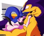 anthro blue_body blue_fur blush butt claws curvy_figure dialogue embarrassed female feral fur group larger_male looking_pleasured lying lying_on_another male on_top pectoral_bulge simple_background size_difference smaller_female surprised_expression text thick_thighs touching_chest trio white_body white_fur wide_hips brennan_d_vries nintendo patreon pokemon ekizzo maea absol canid canine generation_2_pokemon generation_3_pokemon generation_4_pokemon lucario mammal pokemon_(species) typhlosion digital_media_(artwork) english_text hi_res tagme